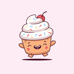 Cute happy cupcake kawaii cartoon character jumping excited vector illustration
