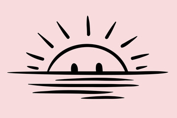 the sun over the sea. the sun is peeking over the horizon. sunrise. minimalistic graphics. doodle drawing. line art. vector illustration