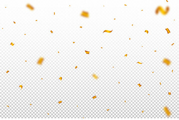 Golden confetti and ribbon falling illustration for birthday. Festival celebration elements vector. Golden confetti and tinsel explosion on a transparent background. Carnival elements.
