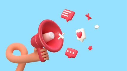 3d cartoon hand holding loudspeaker vector illustration. Customer attraction. Social media marketing © Oleg