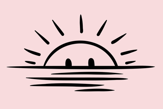 recommend clip art: the sun over the sea. the sun is peeking over the horizon. sunrise. minimalistic graphics. doodle drawing. line art. vector illustration