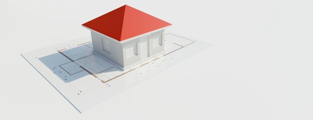 Architecture construction design, blueprint plan. House building model on drawing. 3d render
