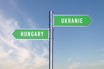 Sign indicating the direction of the borders between two countries  HUNGARY,UKRANIE  3d render WAR.