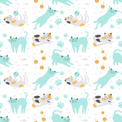 Cute cat seamless pattern with cute character, fish and paw print