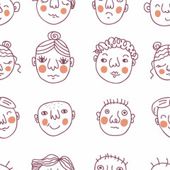 Doodle seamless pattern with peoples faces. Perfect for T-shirt, textile and print. Hand drawn vector illustration for decor and design.