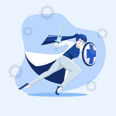 Illustration of female doctor in dinamic pose who is jumping in attack with sword and shield against bacteria