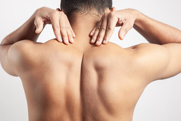 trapezius muscle pain, shoulder muscle injury pain relief - obrazy, fototapety, plakaty