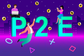 Obraz na płótnie Canvas Metaverse, play to earn, game finance technology concept design with cyber neon backgrounds.