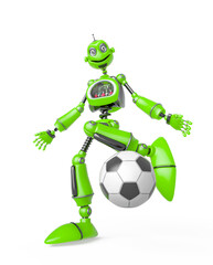 funny robot cartoon is playing football