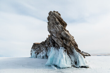 Island covered by ice in the middle on Baykal lake, Siberia