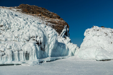 Island covered by ice in the middle on Baykal lake, Siberia
