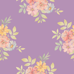 Seamless floral pattern. Ornament of delicate bouquets of flowers. Watercolor illustration of flowers for design, textiles, wallpapers. ready-made seamless background.