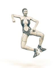 super cyborg girl is doing a happy dance with a mocking face in white background