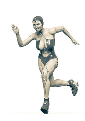 super cyborg girl is jogging and smiling in white background
