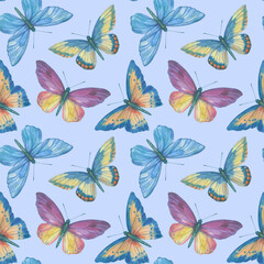 Fototapeta na wymiar Vintage hand drawn colorful seamless pattern with beautiful pastel watercolor butterflies on vibrant background. Watercolor butterfly seamless pattern hand drawn texture