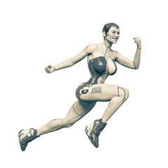super cyborg girl is jumping in action on white background