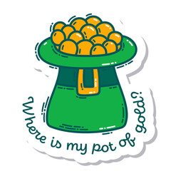 Colorful St. Patrick's Day doodle style hand-drawn sticker with simple engraving effect. Cute Irish holiday symbols and elements collection.