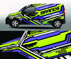 Delivery van vector design. Car sticker. Car design development for the company. Light green and purple stripes on black background car vinyl sticker


