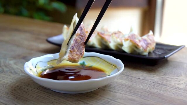 Gyoza, Japanese dumpling filled with meat or vegetables, an adaptation of Chinese jiaozi. Slow motion 4K video.