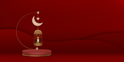 Eid Mubarak greeting card background with Crescent Moon,Star and Traditional islamic lantern on red paper cut wall background.Vector Backdrop of Muslim Symbolic for Ramadan Kareem, Aid el fitre