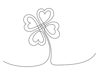 Continuous one line drawing of four-leaf clover. St. Patrick's day symbol. Vector illustration on isolated background.