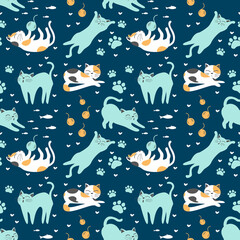 Naklejka na ściany i meble Cute cat seamless pattern in the dark background, cats with cute character, fish and paw print