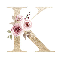 Monogram k, letter with watercolor flowers and leaf. Floral alphabet perfectly for wedding invitations, greeting card, logo, poster and other design. Hand painting.