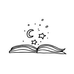 A magic book on astrology, a book of spells and witchcraft. Doodle style. Vector illustration isolated on a white background.