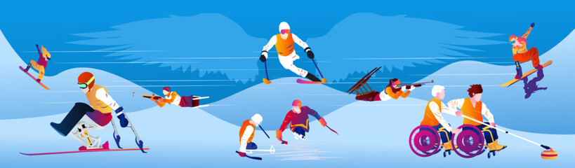 Cartoon illustration with faceless disabled people on abstract winter background. Winter sport