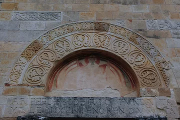 Poster Capestrano - Abruzzo - Abbey of San Pietro ad Oratorium - Detail of the lunette of the main portal © Enrico Spetrino