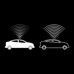 Car radio signals sensor smart technology autopilot up direction set icon white color vector illustration image solid fill outline contour line thin flat style