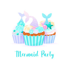 Mermaid party card. Illustrations of birthday cupcake decorated with cream, pearl sprinkles and mermaid tail. Vector 10 EPS.
