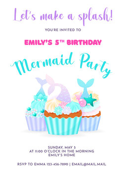Mermaid party invitation template. Illustrations of birthday cupcake decorated with cream, pearl sprinkles and mermaid tail. Birthday concept. Vector 10 EPS.