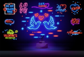 Neon logo set for valentine's day, label, emblem. Happy Valentine's Day. Neon sign, bright signboard, light banner.