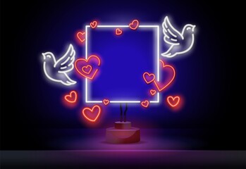 Happy Valentine's Day. Neon frame on Valentine day with neon hearts and decorations. Elements for wedding design. Be my valentine. Congratulations to all lovers.