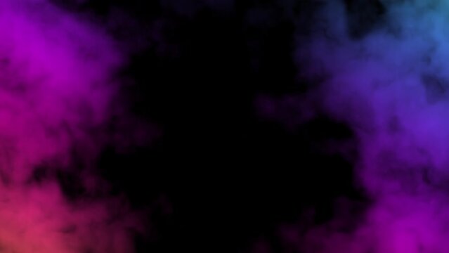 Abstract background with smoke heading up illuminated by multicolored neon light. Effect mystic fume. Colorful magic steam moving on a black background. Smoke night fantasy seamless pattern. Animation