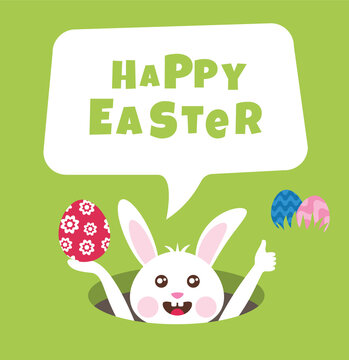 Happy Easter greeting card with a white bunny holding an Easter egg and giving a thumb up. Vector illustration.