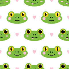 Obraz na płótnie Canvas Vector seamless pattern background with cute cartoon style green frogs and pink hearts. 