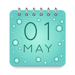 01 day of month. May. Calendar daily icon. Date day week Sunday, Monday, Tuesday, Wednesday, Thursday, Friday, Saturday. Dark Blue text. Cut paper. Water drop dew raindrops. Vector illustration.
