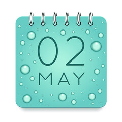 02 day of month. May. Calendar daily icon. Date day week Sunday, Monday, Tuesday, Wednesday, Thursday, Friday, Saturday. Dark Blue text. Cut paper. Water drop dew raindrops. Vector illustration.