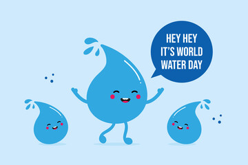 World Water Day vector greeting card, illustration with three happy cartoon style water drops characters. March 22. - 489256975