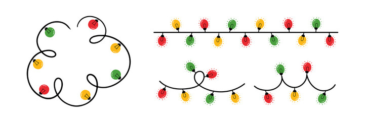Set, collection of tangled wires, round garlands with colorful lights for Christmas and other holidays design.