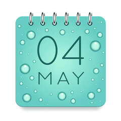 04 day of month. May. Calendar daily icon. Date day week Sunday, Monday, Tuesday, Wednesday, Thursday, Friday, Saturday. Dark Blue text. Cut paper. Water drop dew raindrops. Vector illustration.