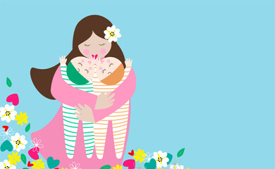 Cute vector illustration of mother hugging and kissing twin babies 