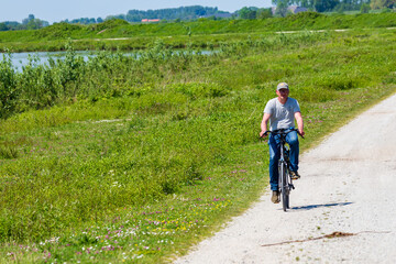 Senior man cycling at island and nature reserve Tiengemeten Hoeksche Waard n South Holland in The neteherlands