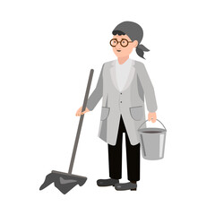 A woman washes the floor. Cartoon cleaning lady with a bucket and a mop. Vector illustration of a cleaning lady, for animation. All details on separate layers with names .