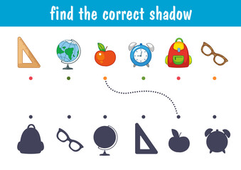 A set of items for school and study, a globe, an alarm clock, a book, a briefcase. Find the correct shadow. Educational game for children. Cartoon vector illustration.