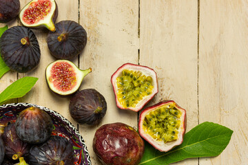 fresh fruits, fruit, mediterranean treats, blue figs in shell, maracuja, sliced ​​passion...