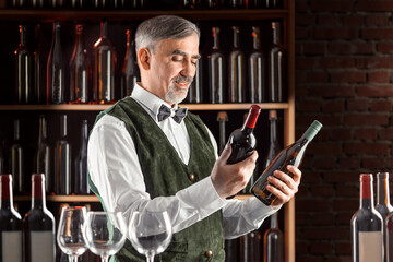 Sommelier with a glass of wine. Examination of wine products. Restaurant staff, expert wine steward among shelves of wine bottles. Stylish middle-aged man with a grey beard