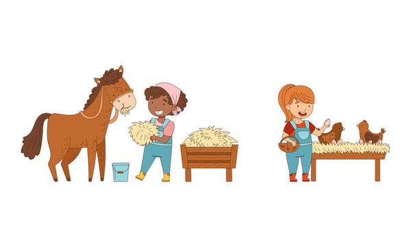 Cute Kids Working On Farm Set. Girls Feeding Horse With Hay And Collecting Fresh Eggs Cartoon Vector Illustration